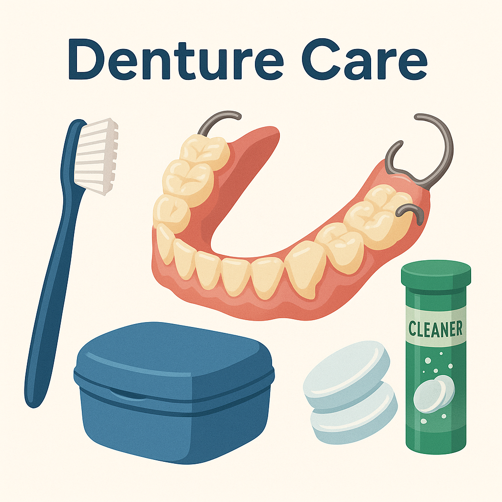 A toothbrush in front of dentures
